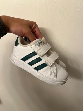 adidas Kids White Sneakers with Dark Green Stripes